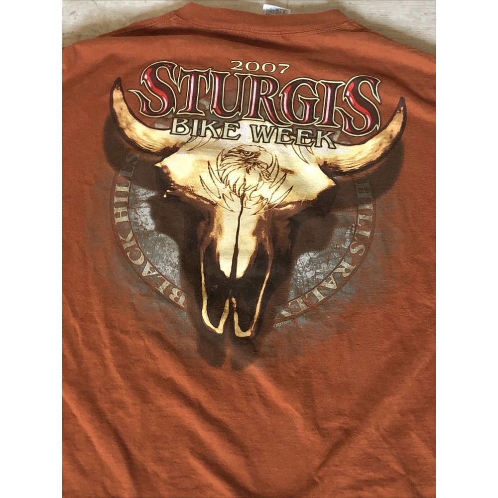 T Shirt Men XL Sturgis Black Hills Biker Rally 2007 Orange Cattle Skull & Eagle - Picture 12 of 12